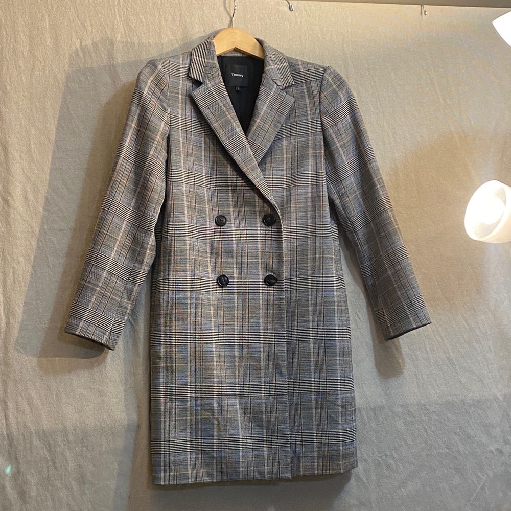 Theory Gray Plaid Double-Breasted Trench Size S